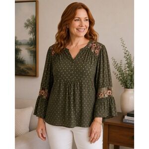Chico's Blouse Womens Large Olive Green‎ Embroidered Velvet Trim Metallic Dot